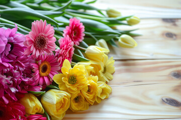 AI Generated Image. Pink and yellow flowers on a wooden table with copy space. Mother’s Day concept