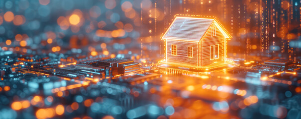 Miniature of a house on the abstract futuristic background. Intelligent, smart home concept. - obrazy, fototapety, plakaty