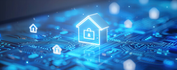 Miniature of a house on the abstract futuristic background. Intelligent, smart home concept.