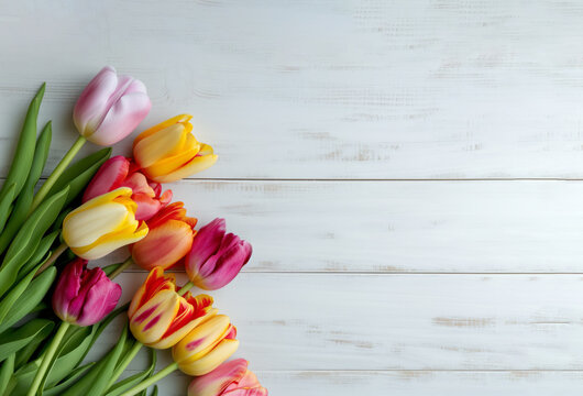 AI Generated Image. Mother's Day banner layout with copy space with colorful tulip flowers on a wooden table