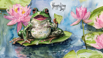 Leap day, ONE EXTRA DAY, Leap year 29 February 2024 watercolor illustration. Cute Green Frog on a water lily in the lake and text Happy Leap Day.