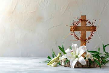 Crown of thorns with wood cross and blossom lilies with copy space. Holy week concept - obrazy, fototapety, plakaty