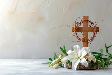 Foto op Plexiglas Crown of thorns with wood cross and blossom lilies with copy space. Holy week concept © chandlervid85