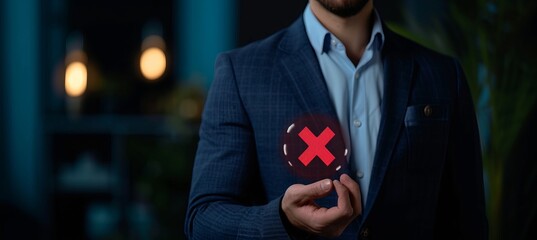 Businessman holding red x mark for fail, certification or audit concept with copy space - obrazy, fototapety, plakaty