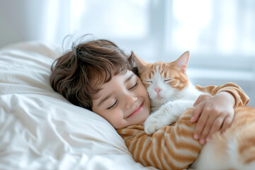 little boy with bright smile cuddling her beloved orange tabby cat on soft, comfy white bed, pure joy in cozy morning, lovely owner.