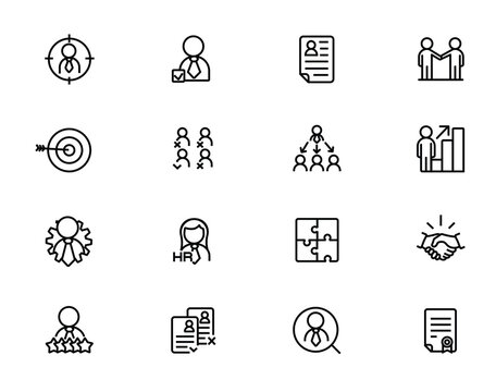 Large set of outline icons about recruiting agencies and skilled labor recruiters. Pictograms for recruitment agencies and departments