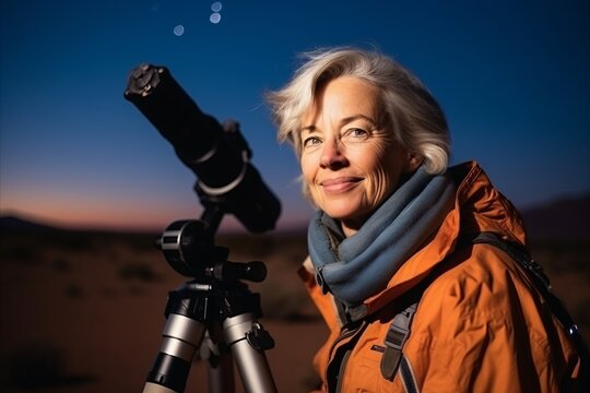 Senior woman looking through telescope in the desert at sunset, closeup