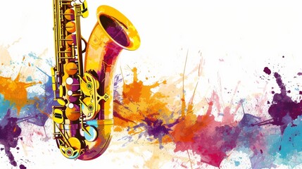 A saxophone bursts with vibrant, colorful paint splatters on a white canvas, jazz music revival