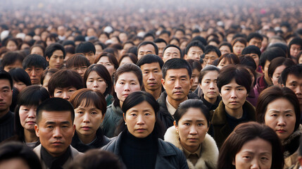 Concept illustration of overpopulation in China. A huge crowd of Asian men and women against the backdrop of an industrial city. Place for text. - obrazy, fototapety, plakaty