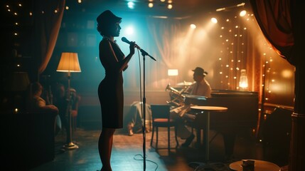 A singer performs soulfully in a vintage jazz bar with ambient lighting.