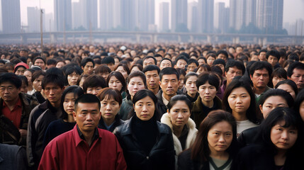 Concept illustration of overpopulation in China. A huge crowd of Asian men and women against the backdrop of an industrial city. - obrazy, fototapety, plakaty