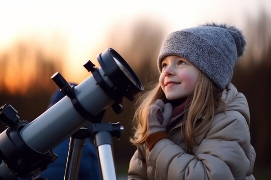 Cute little girl looking through a telescope in the park at sunset