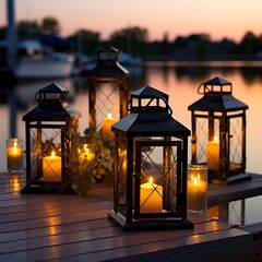 lanterns on the deck of a boat on the lake at sunset