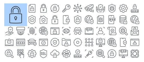 Safety, protection and security concept editable stroke outline icons set isolated on white background flat vector illustration. Pixel perfect. 64 x 64.