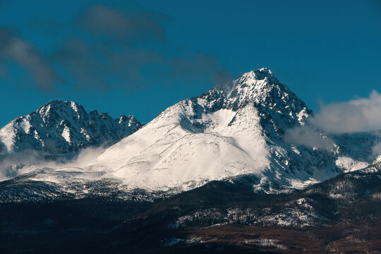 Beautiful view of snow-capped mountains against the blue sky. Gerlachovsky stit, Tatry, Slovakia