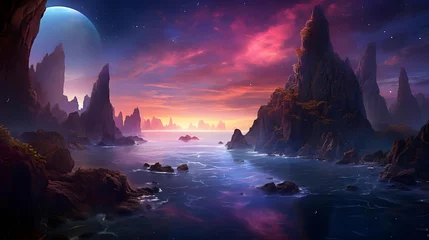 Plexiglas foto achterwand Fantasy alien planet. Mountain and sea. 3D illustration. © Michelle