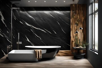 Modern interior design of bathroom with black marble bathtub and wooden wall panels 3D Rendering - obrazy, fototapety, plakaty