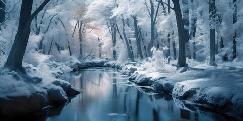 Winter landscape with a river in the forest. Panoramic image.
