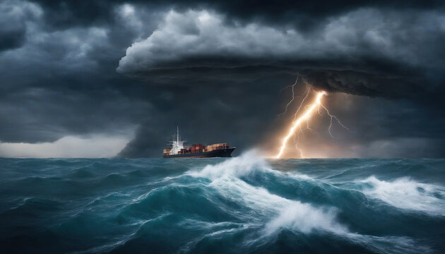 Tornado over sea dramatic cloudscape image with transport ship. Power of nature concept image. Photography style with atmospheric mood.