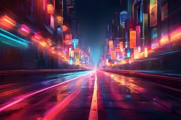 Fototapeta na wymiar night city road with vibrant neon lights blurred background