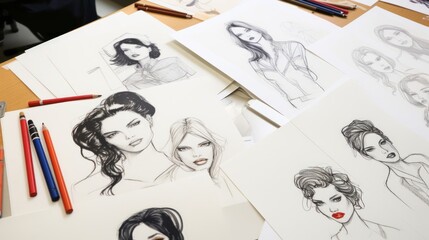 Focused fashion illustrator's artistic process array of sketches