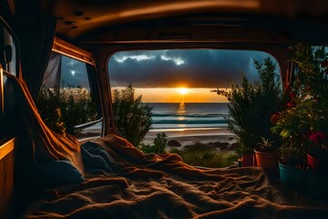 inside a cozy campervan, comfy bed and warm blanket, plants, flowers, decoration, view from the back on quiet beach, sunrise, stormy, vibrant colors, realistic,  heavy rain , thunder and lightning  - obrazy, fototapety, plakaty