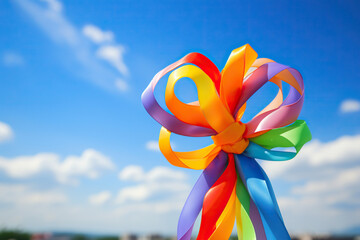 Multi-colored ribbons are tied into a bow in the blue sky. LGBT pride symbol. Generated by artificial intelligence