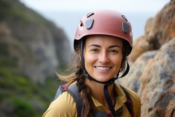 Portrait of a smiling female climber wearing helmet on a rock