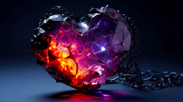 Broken heart with fiery lava inside. Flame symbol of love. Intense emotions, depicted by a heart breaking or burning. Concept of passionate love or heartbreak. Gift for Valentine's Day.