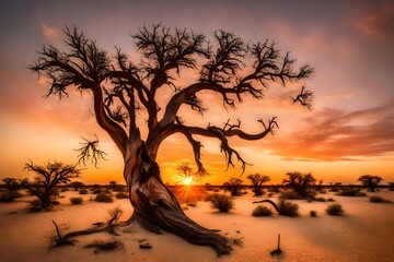 Sunset shot of a dead kameeldoring tree in the Kalahari Desert - obrazy, fototapety, plakaty