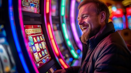 Portrait of a euphoric gambler hitting the jackpot at a lively casino s slot machines