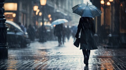 A woman walks with an umbrella while it rains in the city during the day. 