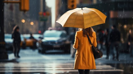 Obraz premium A woman walks with an umbrella while it rains in the city during the day. 