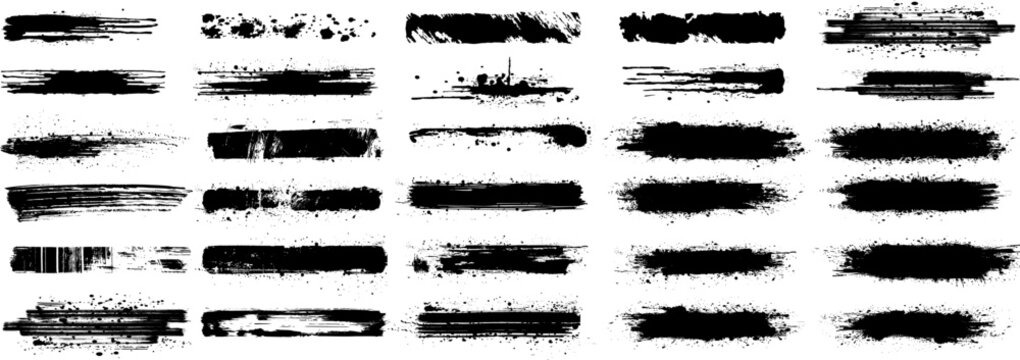 Assorted Grunge Brush Strokes Set on White Background. A diverse collection of black grunge brush strokes ideal for textured designs and creative graphics, isolated on white. Vector brush stroke set