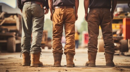 back view of workers on construction site,men wearing safety helmets 