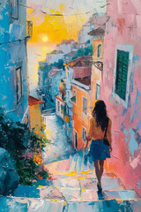 Obraz premium Sunset in coastal city painting, woman walking down street, textured brushwork, vibrant, impressionist style.