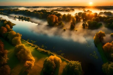 The morning landscape with fog and warm sky over the Narew river, Poland.