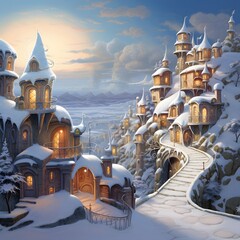 Fantasy winter landscape with fairy tale wooden houses. 3d rendering