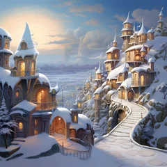 Selbstklebende Fototapeten Fantasy winter landscape with fairy tale wooden houses. 3d rendering © Michelle