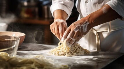  hands Midsection of chef making noodles 
