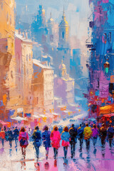 Vibrant abstract cityscape painting of Marseille with pedestrians, oil on canvas, impressionist style.