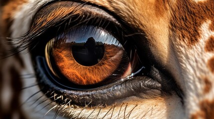 Close-up of beautiful giraffe eyes with long eyelashes looking at the camera. Safari, animals of...