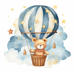 Cute teddy bear in a hot air balloon, with cloud and stars, nursery concept. Isolated watercolor illustration