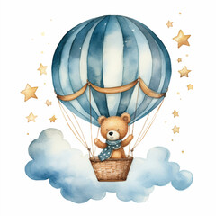 Cute teddy bear in a hot air balloon, with cloud and stars, nursery concept. Isolated watercolor illustration