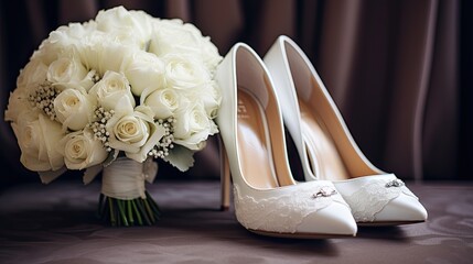 White wedding shoes and the roses bride's bouquet with a copy space for text. Generative AI