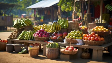 Fototapeta premium Outdoor roadside market selling natural products small fruit shop 