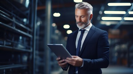 Fototapeta premium Portrait of man factory owner or manager in business suit use tablet computer 