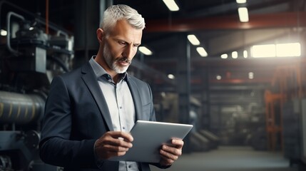 Portrait of man factory owner or manager in business suit use tablet computer 