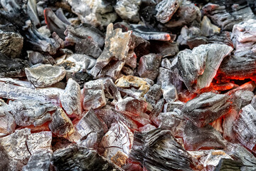 Background of burning hot coals in the barbecue grill.