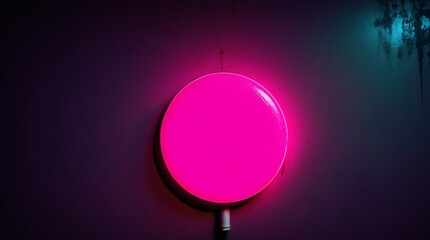 Vibrant Pink Circular Light Fixture Illuminating Dark Purple Wall - Artistic and Modern Interior Design Concept